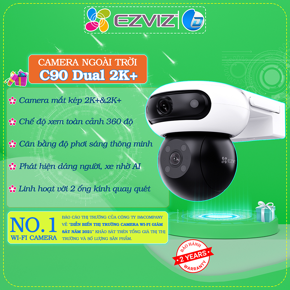 Camera ngoài trời 2 mắt xoay Ezviz H90 C90 4MP+4MP chính hãng, màu ban đêm, xoay 360 độ