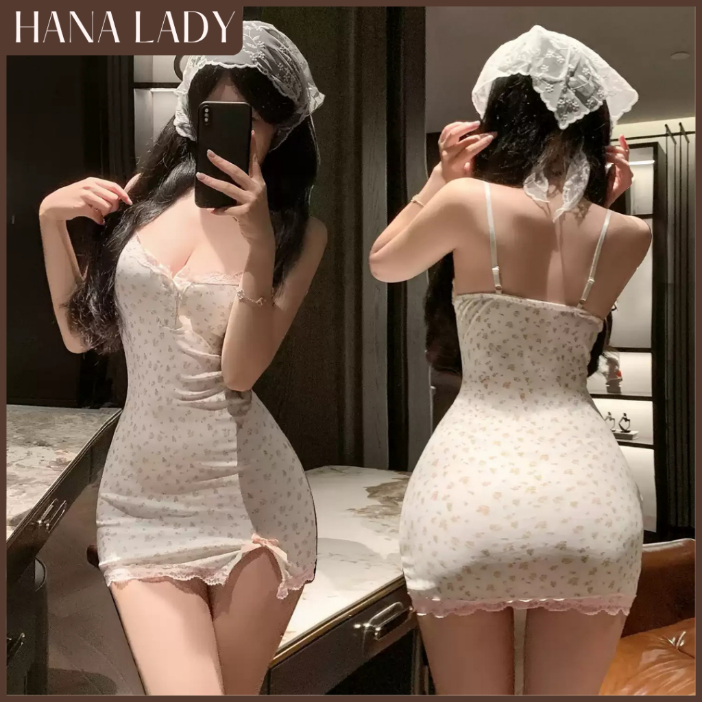 Váy Ngủ Body Hoa Nhí - Đầm Ngủ Thun Trắng Phối Ren Nơ Hồng Xẻ Tà 2 Bên HanaLady - VN628