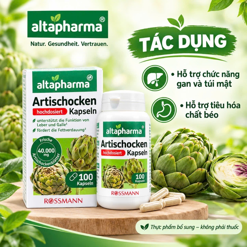 Viên uống bổ gan, thải độc gan mát gan Artischocken Altapharma - Hộp 100 viên - Hàng nội địa Đức