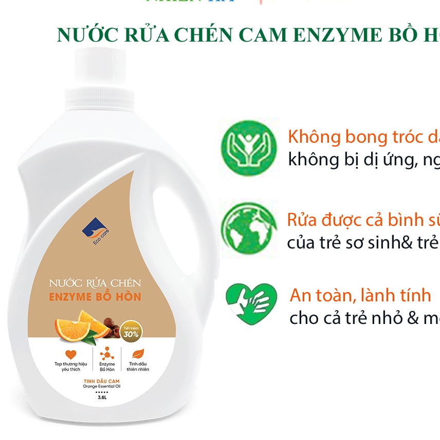 Nước rửa chén enzyme bồ hòn ECOCARE tinh dầu cam, an toàn da tay, rửa sạch dầu mỡ