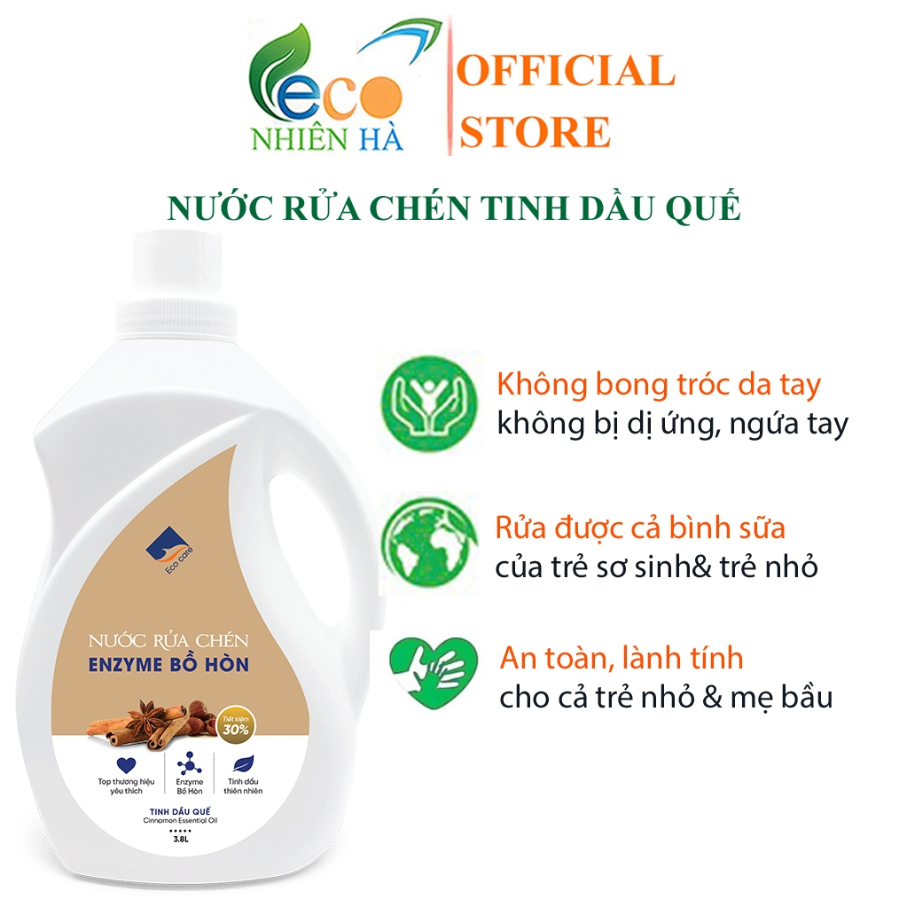 Nước rửa chén enzyme bồ hòn ECOCARE tinh dầu quế, an toàn da tay, rửa sạch dầu mỡ hiệu quả