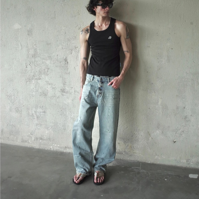 QUẦN JEANS LOCAL BRAND "ALFAER" PAINT SPLATTER STRAIGHT BLUE WASHED JEANS