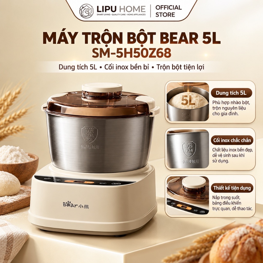 Máy trộn ủ bột Bear 5L SM-5H50Z68 - Chính hãng Bảo hành 18 Tháng Model mới HOT NEW 2026