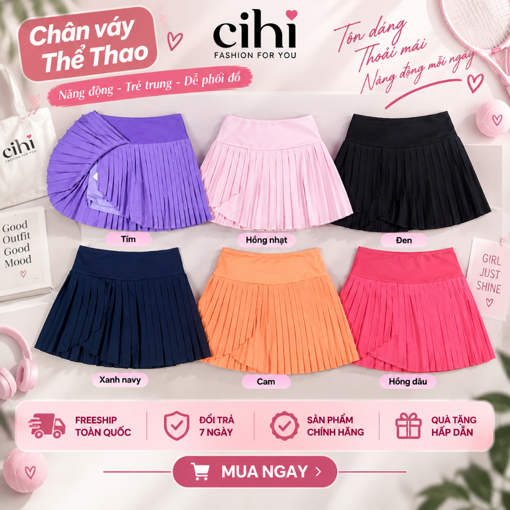 Chân Váy Tennis Pickleball Nữ CIHI Xếp Ly Cạp Cao Có Quần Bảo Hộ