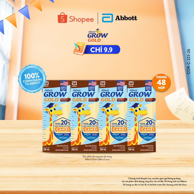 Thùng 48 hộp Sữa nước Abbott Grow Gold vị Cacao 180ml (Bao bì thay đổi tùy vào đợt nhập hàng)