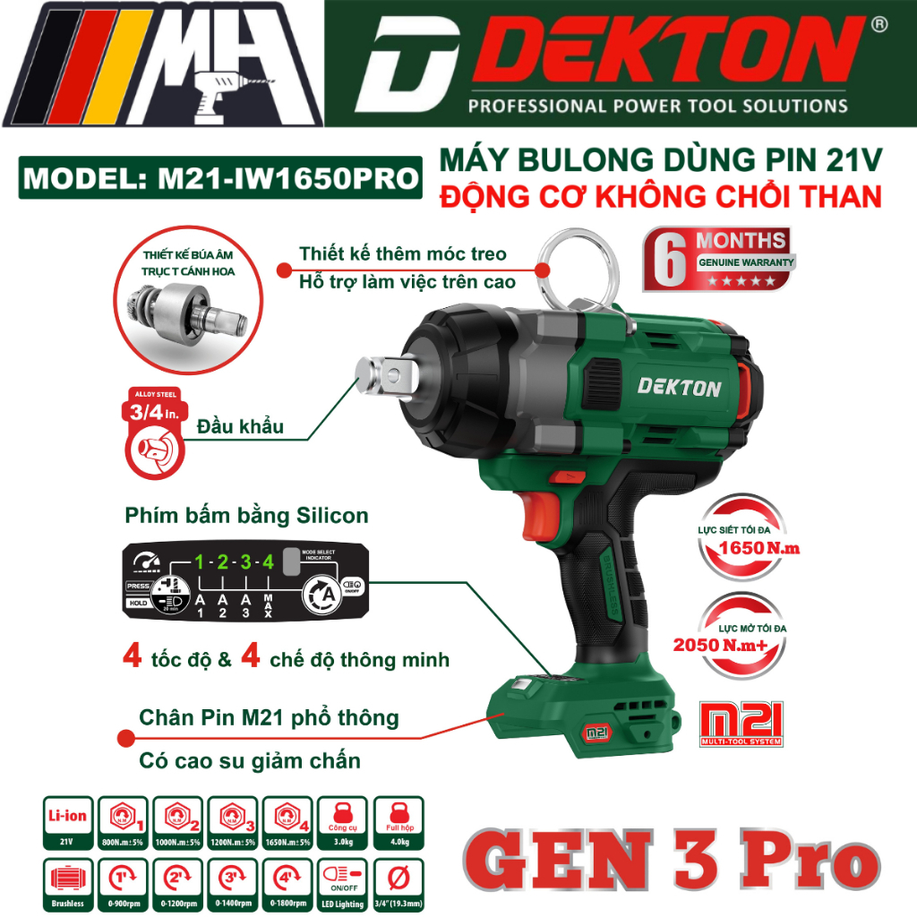 Máy Siết Bulong dùng Pin 21V Dekton M21-IW1650PRO, Brushless, Lực siết 1650Nm, Đầu khẩu 3/4 Inch