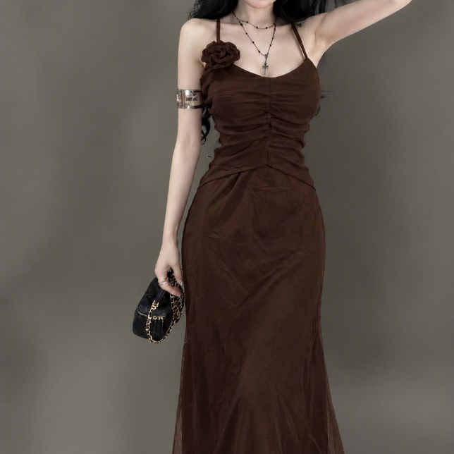 Đầm maxi 2 dây hoa vải 3D - eo rút Fleur tôn dáng