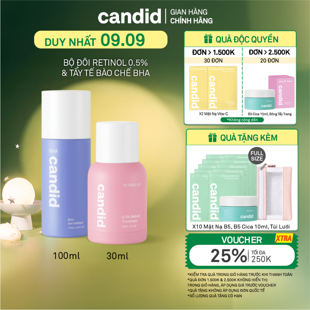 Bộ Đôi Hỗ Trợ Cải Thiện Da Toàn Diện Candid Retinol 0.5% 30ml & Hoạt Chất BHA 100ml