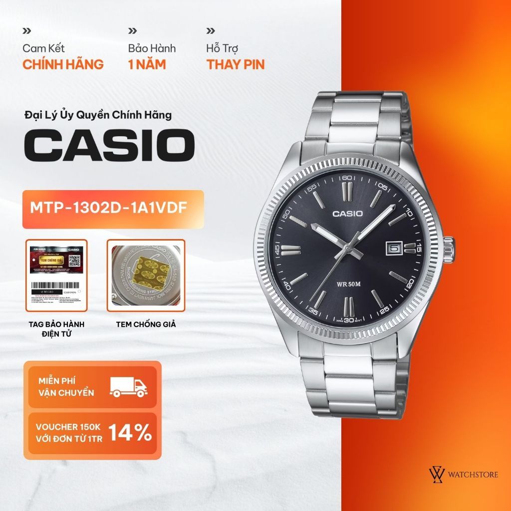 Đồng Hồ Nam Casio MTP-1302D-1A1VDF Mặt Kính Khoáng 38.5mm  Dạ Quang Chống Nước Dây Kim Loại Không Gỉ