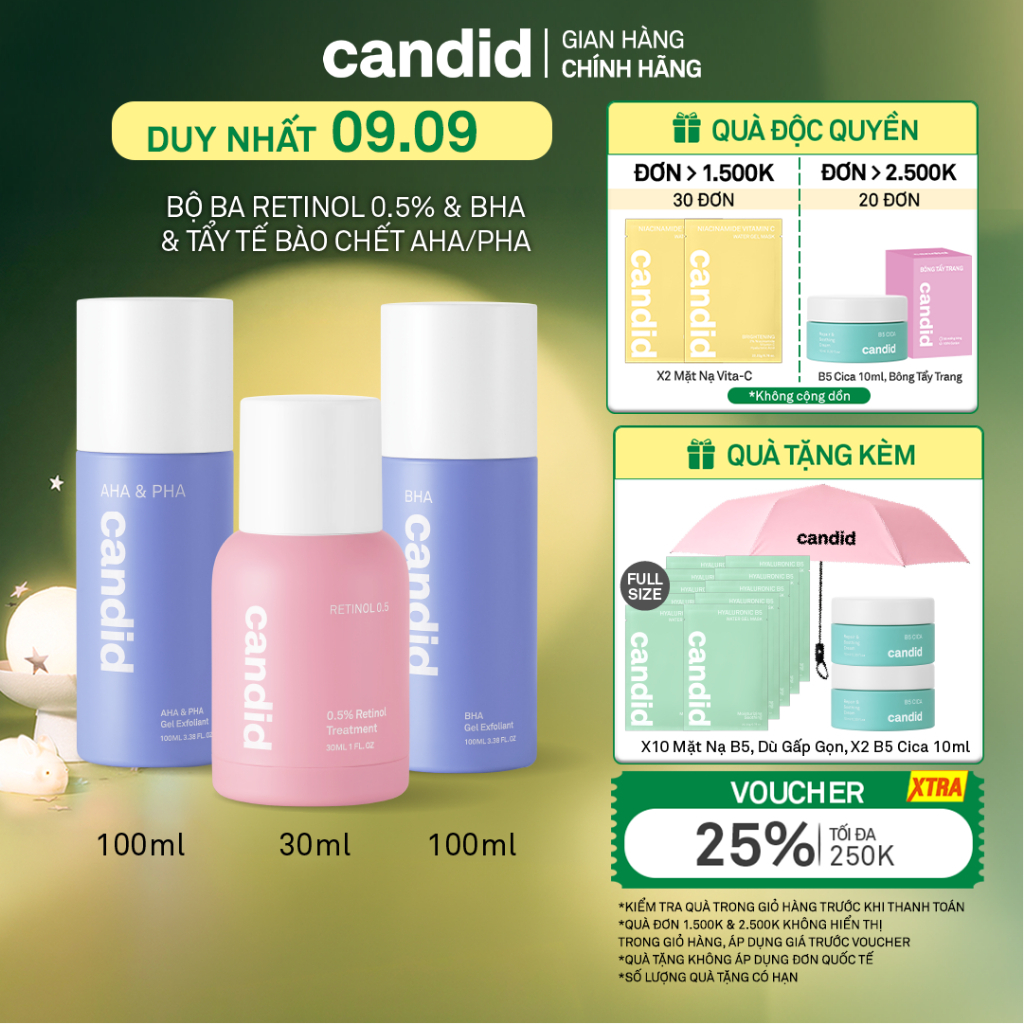 Bộ Ba Hỗ Trợ Cải Thiện Da Toàn Diện Candid Retinol 0.5% 30ml & BHA 100ml & AHA&PHA 100ml