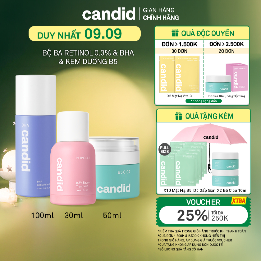 Bộ Ba Hỗ Trợ Cải Thiện Và Phục Hồi Da Candid Retinol 0.3% 30ml & Kem Dưỡng B5 Cica 50ml & BHA 100ml