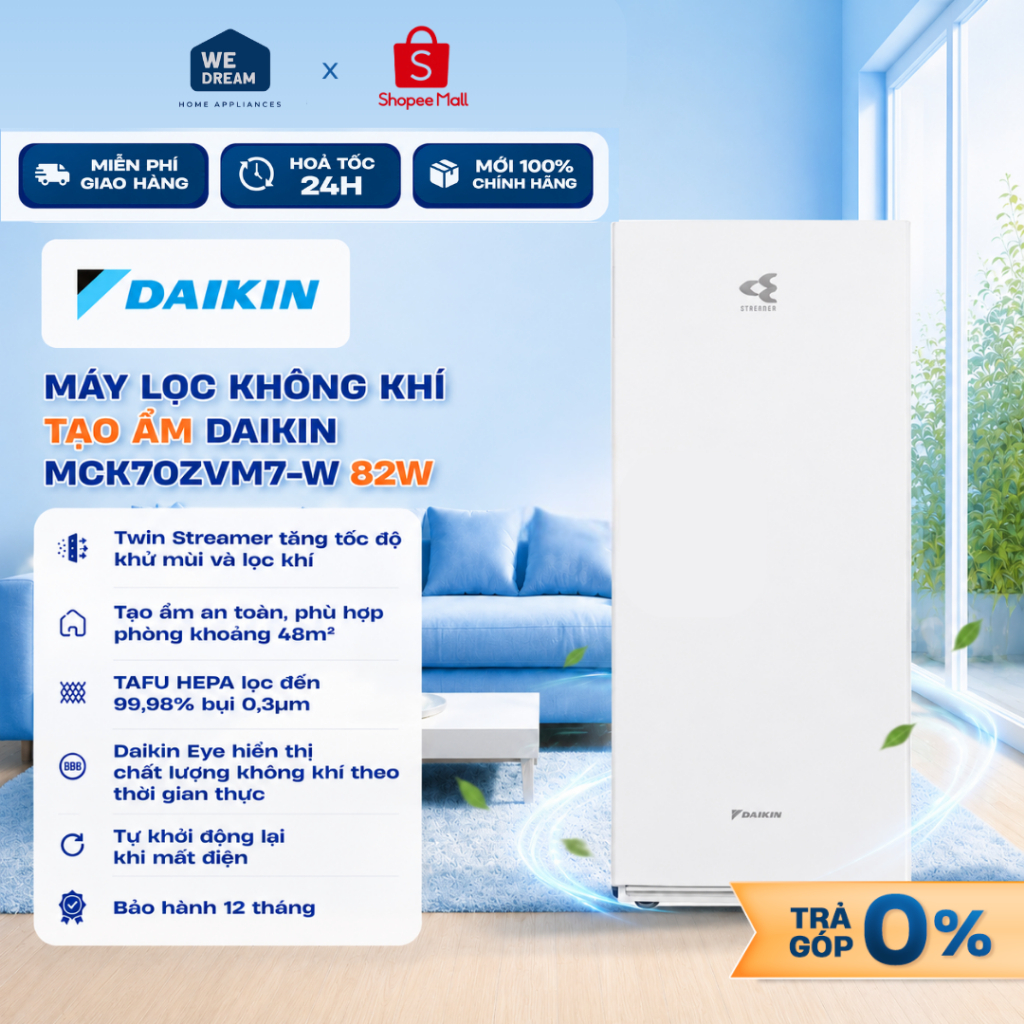 MCK70ZVM7-W - Máy Lọc Không Khí Tạo Ẩm Daikin MCK70ZVM7-W 82W Màu Trắng - Hàng Chính Hãng, Hàng Mới