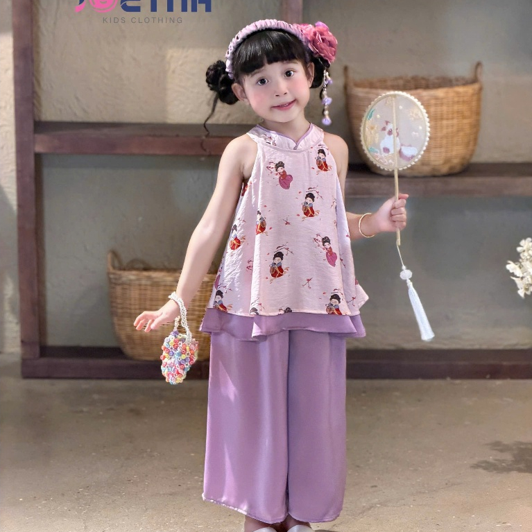 (Tặng Kèm Bờm) Set Yếm Bé Gái Lụa Ngọc Trai Bé Gái JOEYNA - Chất Liệu Mềm Mại, Thoáng Mát