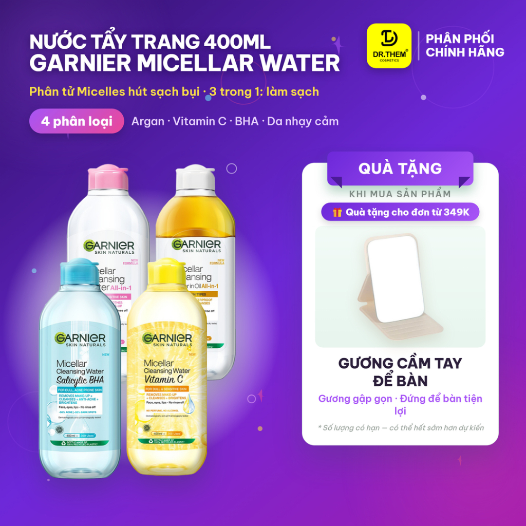 Nước Làm Sạch Và Tẩy Trang Cho Mọi Loại Da Garnier Micellar Cleansing Water 125ml / 400ml- Dr Thêm