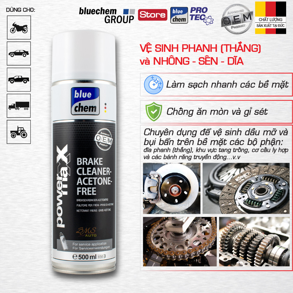 Dung dịch Bluechem Vệ sinh Phanh (Thắng), Nhông Sên Dĩa - Không chứa Acetone (Brake Cleaner Acetone 