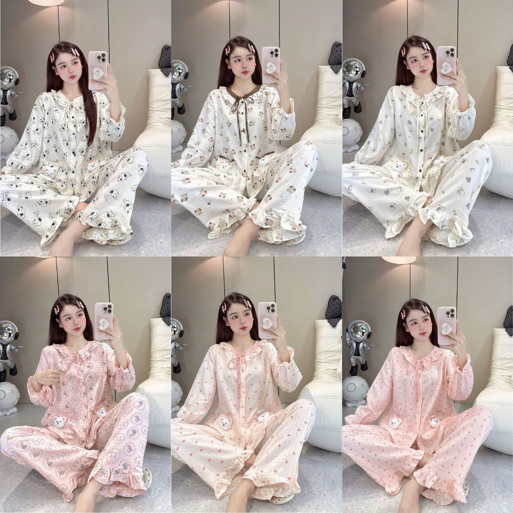 Bộ Đồ Ngủ Nữ JUSOKA Pijama Cổ Phối Nơ Chất Đũi Hàn Siêu Xinh DU68 Nhiều Họa Tiết Dễ Thương