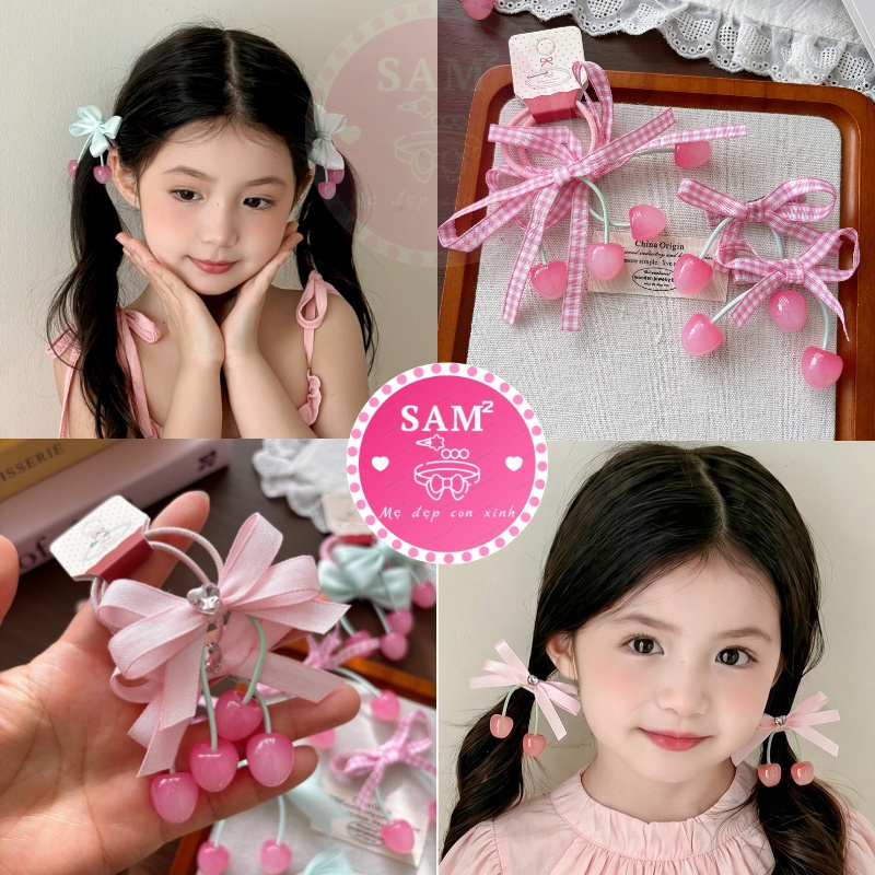 Set 2 kẹp tóc bé, cột tóc bé nơ vải đính cherry hồng tone pastel xinh xắn Samsam shop PK345