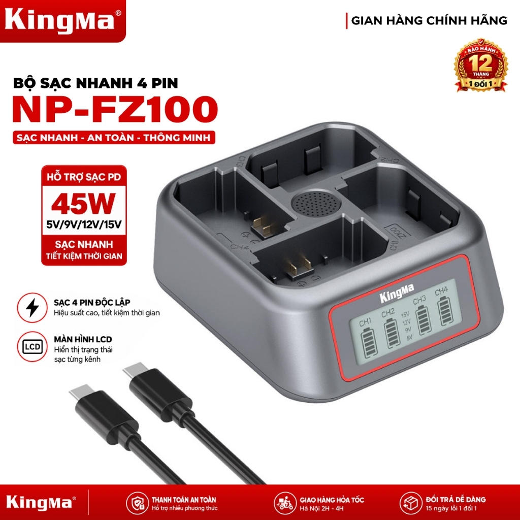 Bộ Sạc Nhanh 4 Pin KingMa NP-FZ100 45W PD Màn Hình LCD Cho Sony A7III A7IV A7RV A9III FX3