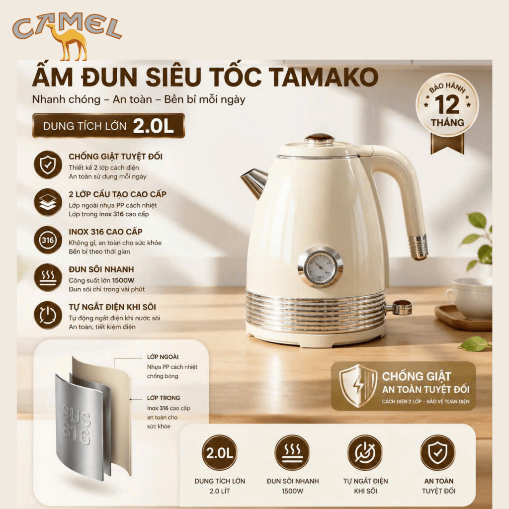 Ấm đun nước siêu tốc 2 lít , Ấm đun nước siêu tốc TAMAKO chính hãng INOX 316 chống giật tuyệt đối