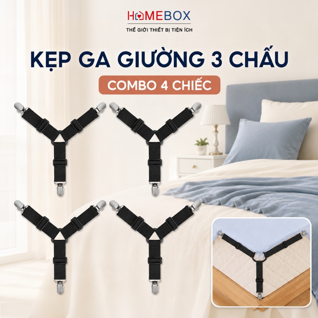 COMBO 4 Kẹp Ga Giường 3 Chấu Inox Chống Xê Dịch Kẹp Cố Định Ga Trải Đệm Có Bọc Nhựa Chịu Lực Tốt