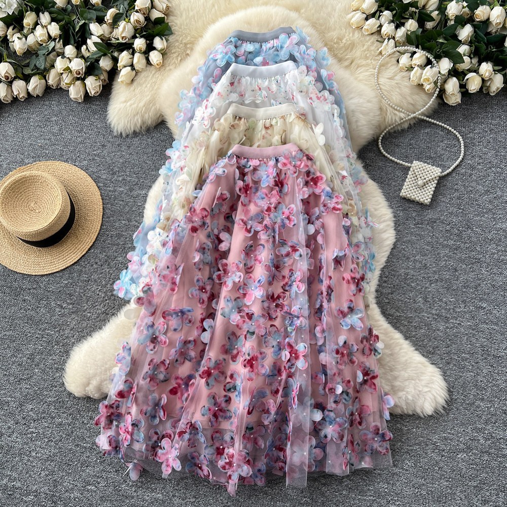 HA7812 [Order] Chân Váy Midi Hoa 3D Nữ Dáng Chữ A Xòe Nhẹ Cạp Chun Co Giãn Họa Tiết Hoa Nổi Phong Cá