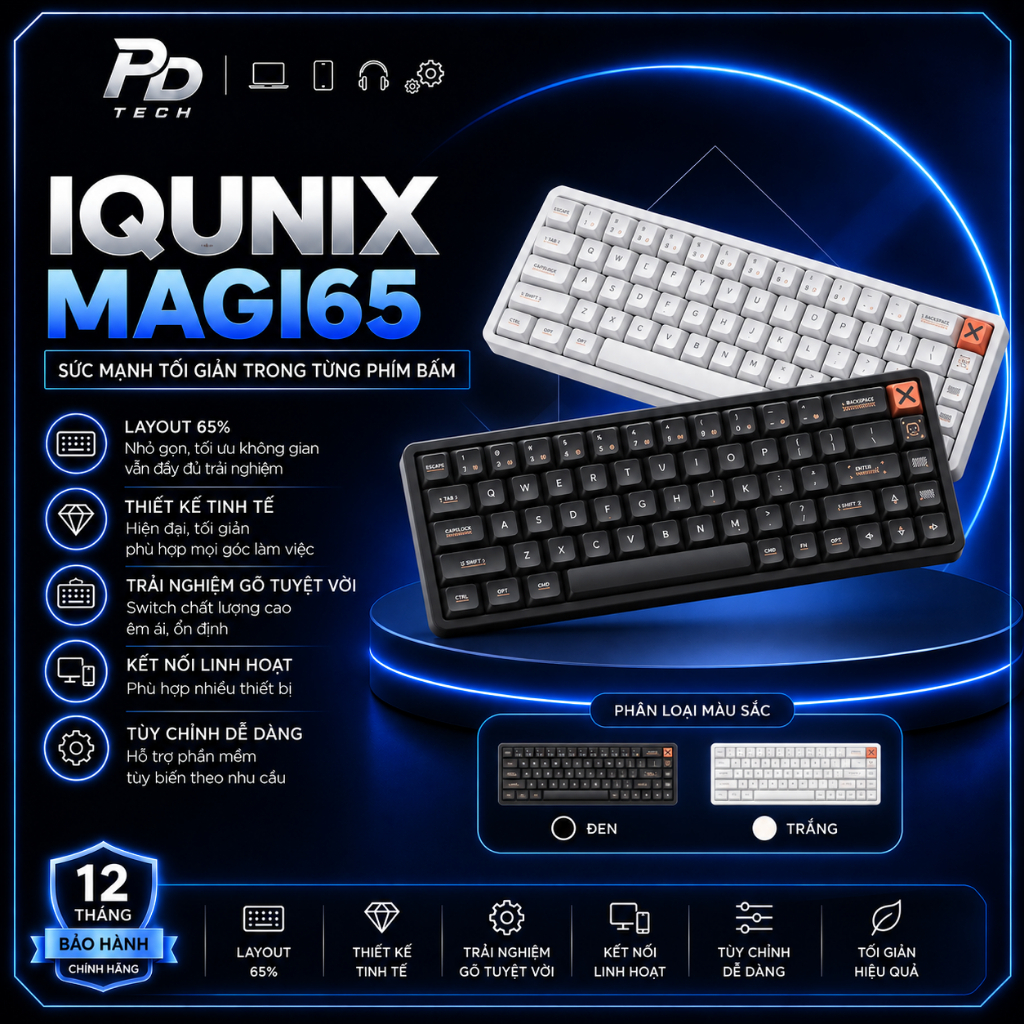 Bàn Phím Cơ IQUNIX Magi65 Low Profile 65% Chính Hãng – Nhôm CNC, Bluetooth 5.1/2.4G/USB-C, Hot-Swap,