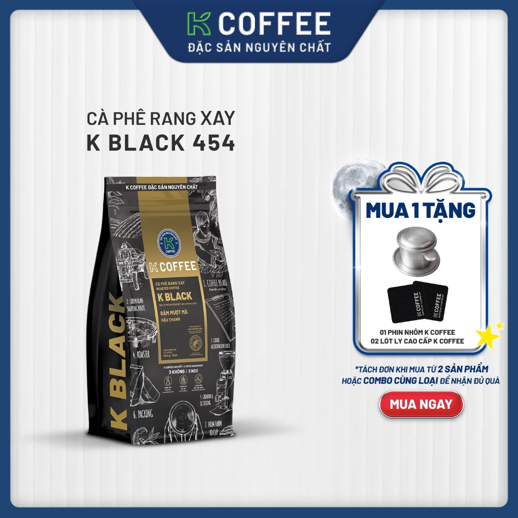 Cà phê rang xay nguyên chất K COFFEE K Black 454g, pha phin, vị đậm hậu thanh