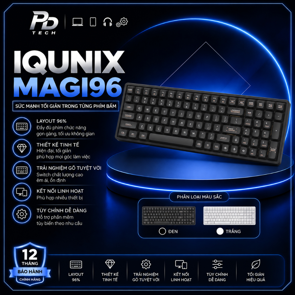 Bàn Phím Cơ IQUNIX Magi96 Low Profile 96% Chính Hãng – Nhôm CNC, Bluetooth/2.4G/USB-C, Hot-Swap, VIA