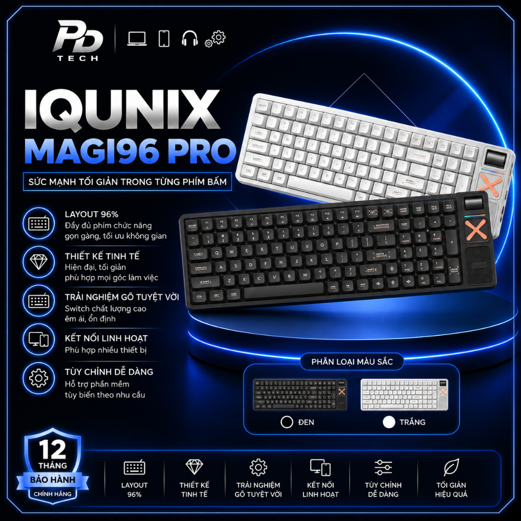 Bàn Phím Cơ IQUNIX Magi96 Pro Low Profile 96% Chính Hãng – Bluetooth/2.4G/USB-C, Hot-Swap, RGB, Pin 