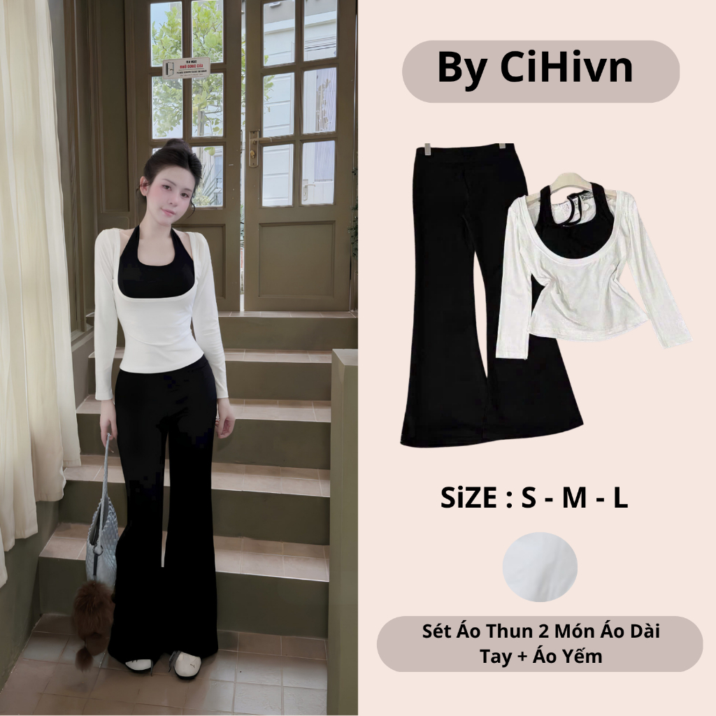 CiHivn - Set 2 Áo Thun Nữ Tay Dài Ôm Body Cổ Vuông Phối Áo Yếm 2 Lớp Trắng Đen Thời Trang Hàn Quốc U