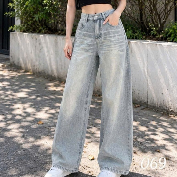 YND JEANS Quần Jean Nữ Ống Rộng Cạp Cao Dáng Suông Tôn Dáng Xanh Loang Vintage Wash Vân Đùi DM069-606-028