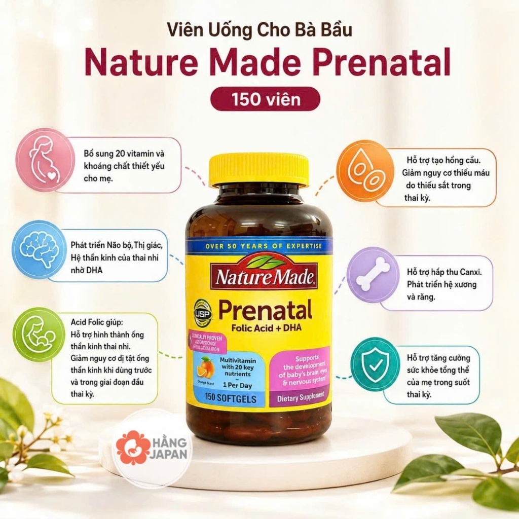 Vitamin Bà Bầu Nature Made Prenatal Folic Acid + DHA 150 Viên Axit Folic, DHA