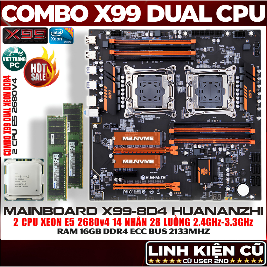 Combo Mainboard X99-8D4 Dual CPU E5 2680v4 ( Tổng 28 Nhân 56 Luồng ) 2.3Ghz - 3.3Ghz ( Cũ - 2nd )