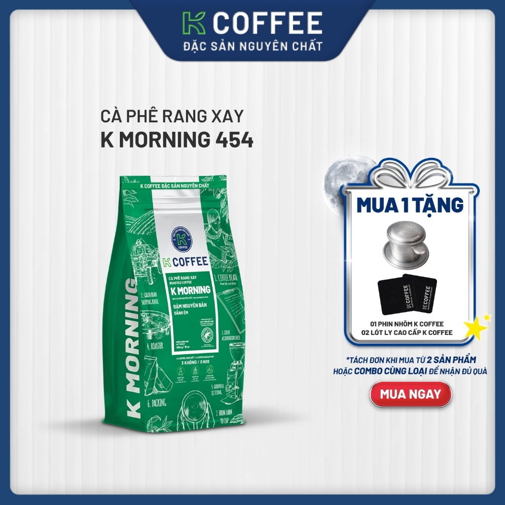 Cà phê rang xay nguyên chất K COFFEE K Morning 454g, pha phin, vị tự nhiên nguyên bản