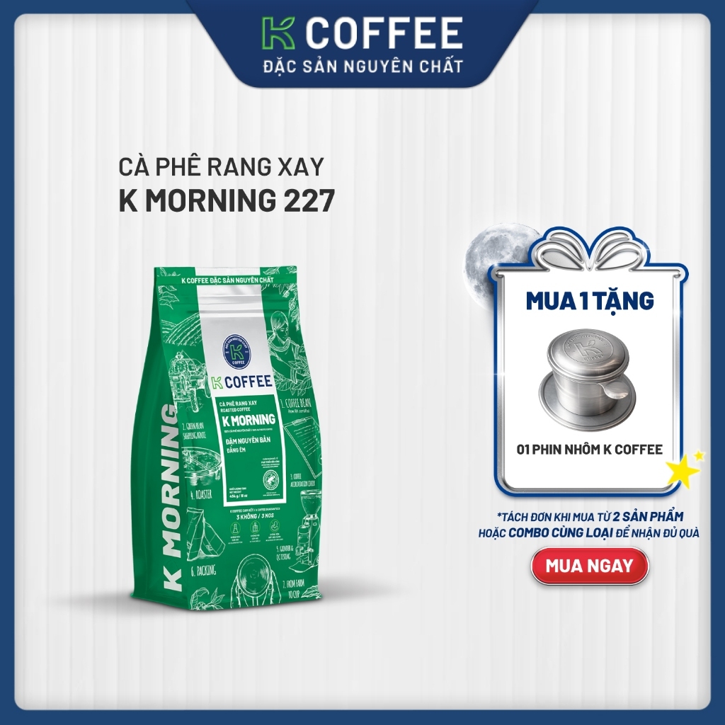 [ Mua 1 tặng phin] Cà phê rang xay nguyên chất K COFFEE K Morning New 227g, pha phin, đậm nguyên bản