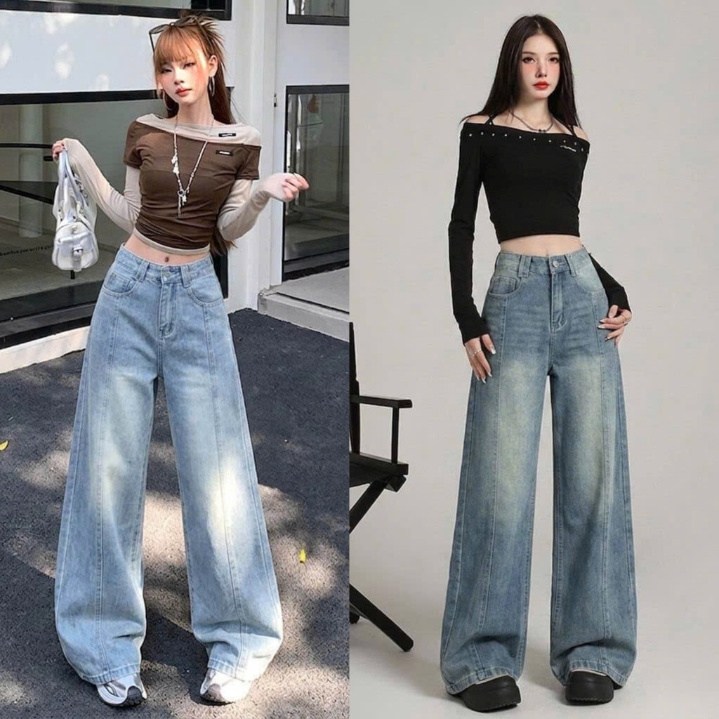 DAMI JEANS Quần Jean Nữ Ống Rộng Cạp Cao Dáng Suông Gân Nổi Xanh Wash Hack Dáng DM024-026