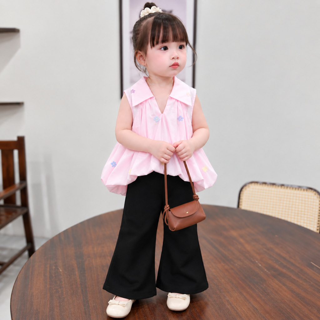 Đồ bộ bé gái áo sát nách cổ vest thêu hoa phối quần loe xinh xắn set đồ bé gái cho bé diện đi chơi