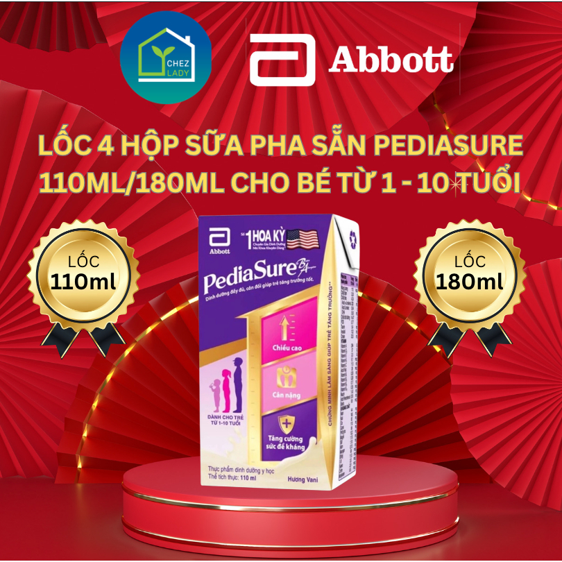 [TẶNG BÓNG BAY PEDIASURE] Lốc 4 hộp sữa nước PediaSure pha sẵn 110ml/180ml - Hương Vani - Date mới