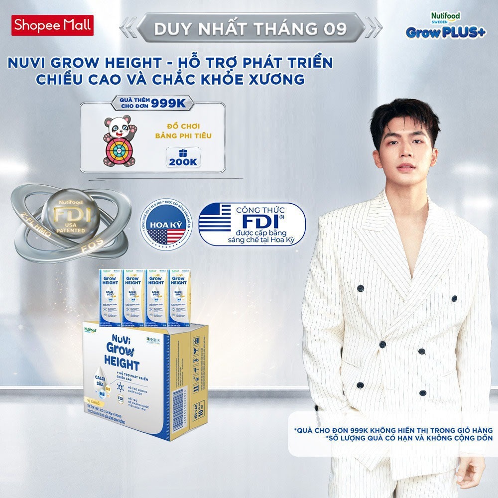 Thùng 24 hộp SBPS Nuvi Grow Height vị chuối 1+ hỗ trợ phát triển chiều cao hộp 180ml