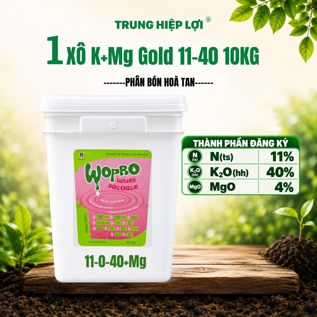 Phân bón K+Mg Gold: NPK 11-0-40 + 4% Magie xô 10KG Trung Hiệp Lợi
