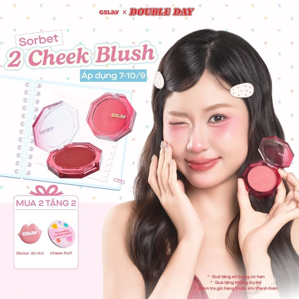 Combo 02 Má Hồng Kem Hoá Phấn GSLAY Sorbet Cheek Blush thuần chay mịn lì và nhũ bắt sáng dễ tán bền 