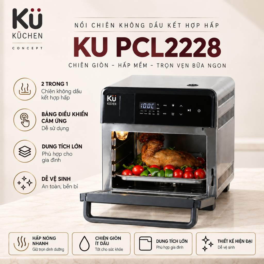 Nồi Chiên Không Dầu Kết Hợp Hấp KUCHEN PCL2228 16L | Chiên Hấp Nướng 8 Chức Năng, Khoang Inox 304 | 