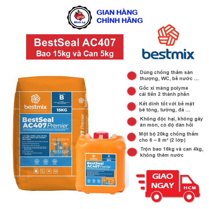 [Hỏa Tốc] Bộ 20kg BestSeal AC407 Vữa Chống Thấm WC Sân Thượng Tầng Hầm Bestmix Giống Sika TopSeal107