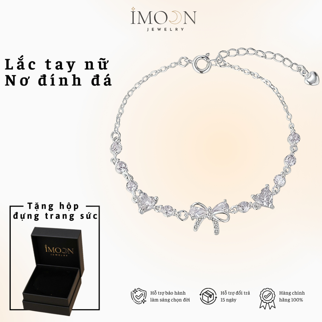 Lắc tay nơ đính đá hồng, đá trắng cao cấp, lắc tay titan bạc nữ không gỉ IMOON064