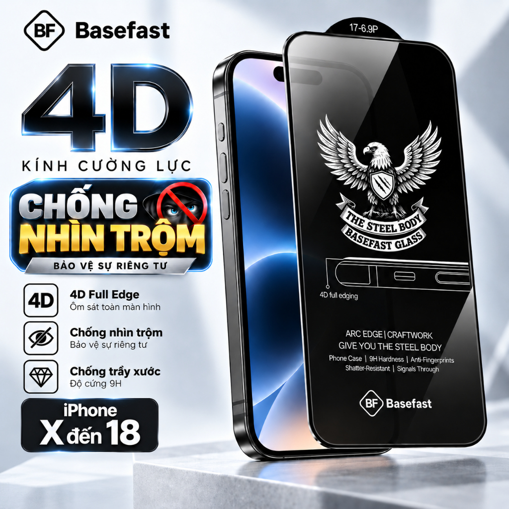 Kính cường lực iPhone chống nhìn trộm Basefast 4D dùng cho iP xr 11 12 13 14 15 16 17 18 pro max