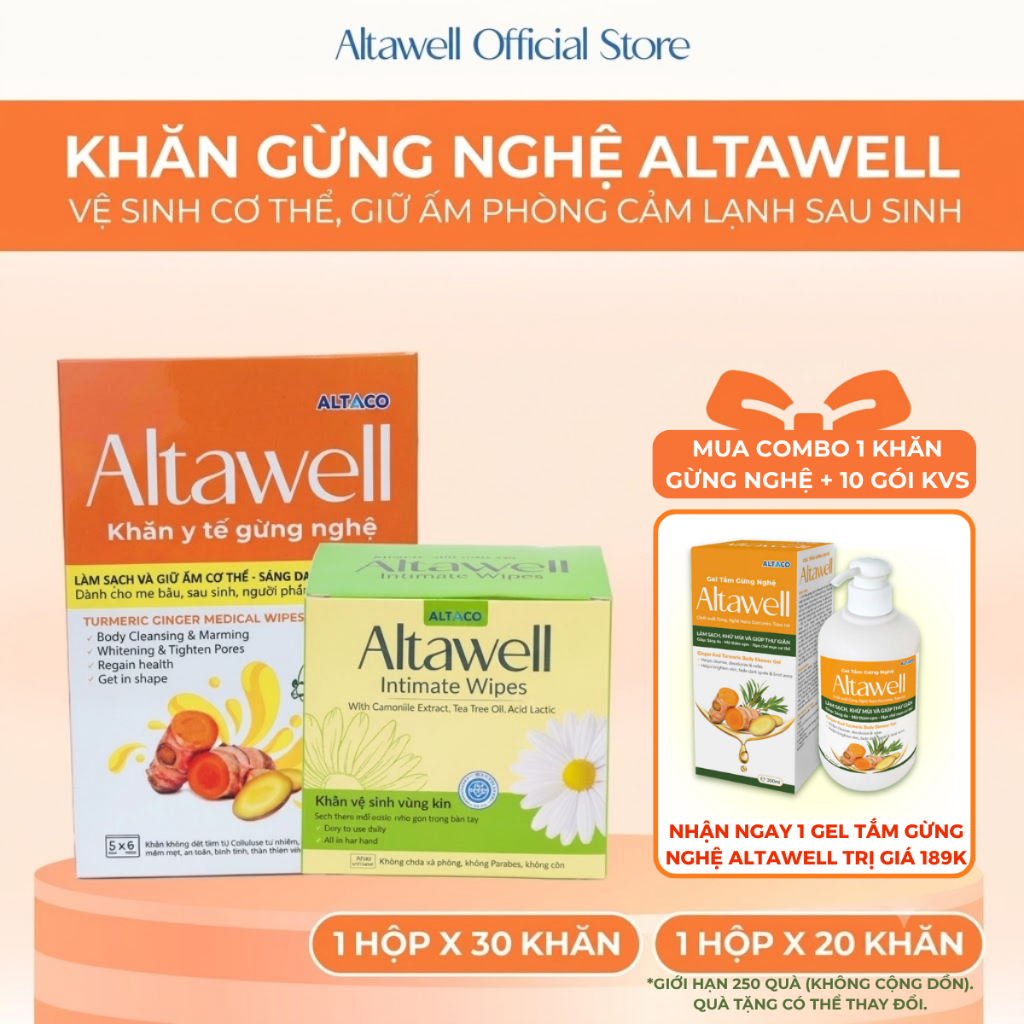 Combo Đi Sinh Altawell Khăn Y Tế Gừng Nghệ & Khăn Vệ Sinh Phụ Nữ - Hỗ Trợ Làm Sạch, Khử Mùi, Lành Tí