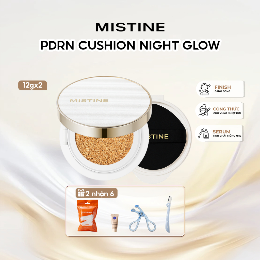 Cushion MISTINE Night Glow 12g*2 | Che Phủ Mịn Lì, Chống Nước & Mồ Hôi, Da Nhạy Cảm Dùng Được, Giữ Nền Bền Đẹp 24H