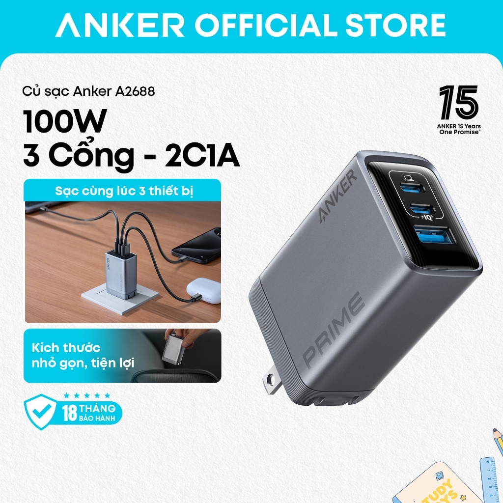 Củ sạc nhanh Anker Prime A2688 3 cổng tối đa 100W, sạc nhanh đa thiết bị, thiết kế chân gập