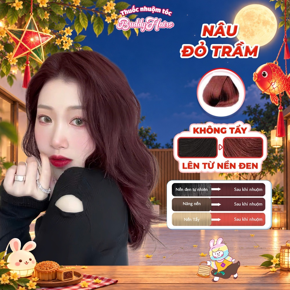 Thuốc nhuộm tóc màu NÂU ĐỎ TRẦM, NÂU ĐỎ ĐẤT thuốc nhuộm tóc không cần tẩy, kem nhuộm tóc tại nhà Buddyhairs tặng kèm dụn