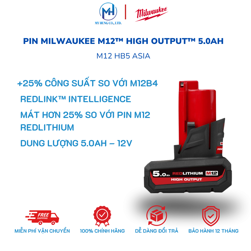 Pin Milwaukee M12 HB5 12V 5.0Ah HIGH OUTPUT™ Chính Hãng – Pin M12 5Ah